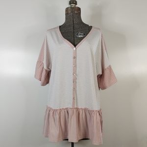 Weekend by Suzanne Betro mauve & white stripes ruffled short sleeve top